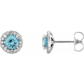 14K White 4.5 mm Natural Blue Zircon & 1/6 CTW Natural Diamond Earrings