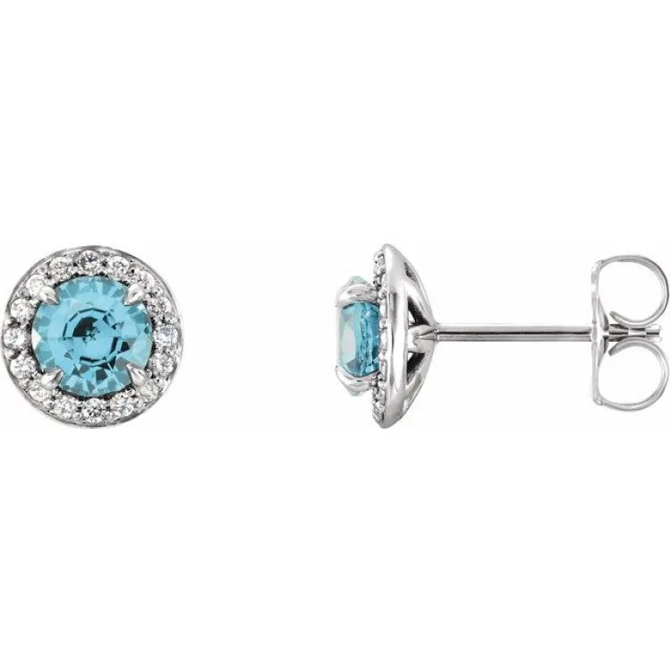 14K White 4.5 mm Natural Blue Zircon & 1/6 CTW Natural Diamond Earrings