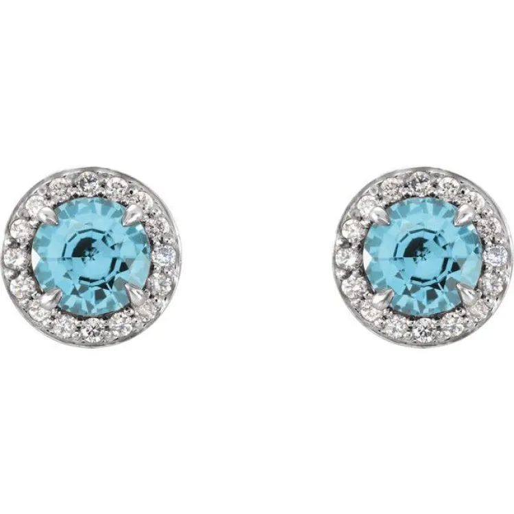 14K White 4.5 mm Natural Blue Zircon & 1/6 CTW Natural Diamond Earrings