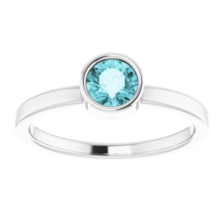 14K White 5 mm Natural Blue Zircon Ring