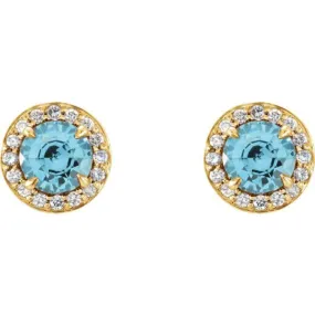 14K Yellow 5 mm Natural Blue Zircon & 1/8 CTW Natural Diamond Earrings