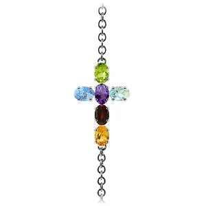 1.68 Carat 14K Solid White Gold Cross Bracelet Natural Multi Gemstones