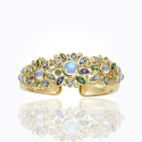 18K Anima Cuff Bracelet with royal blue moonstone, aquamarine, tanzanite, tsavorite, and diamond