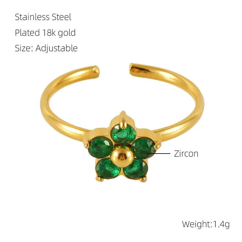 18K Gold-Plated Adjustable Flower Ring with Zircon Stones