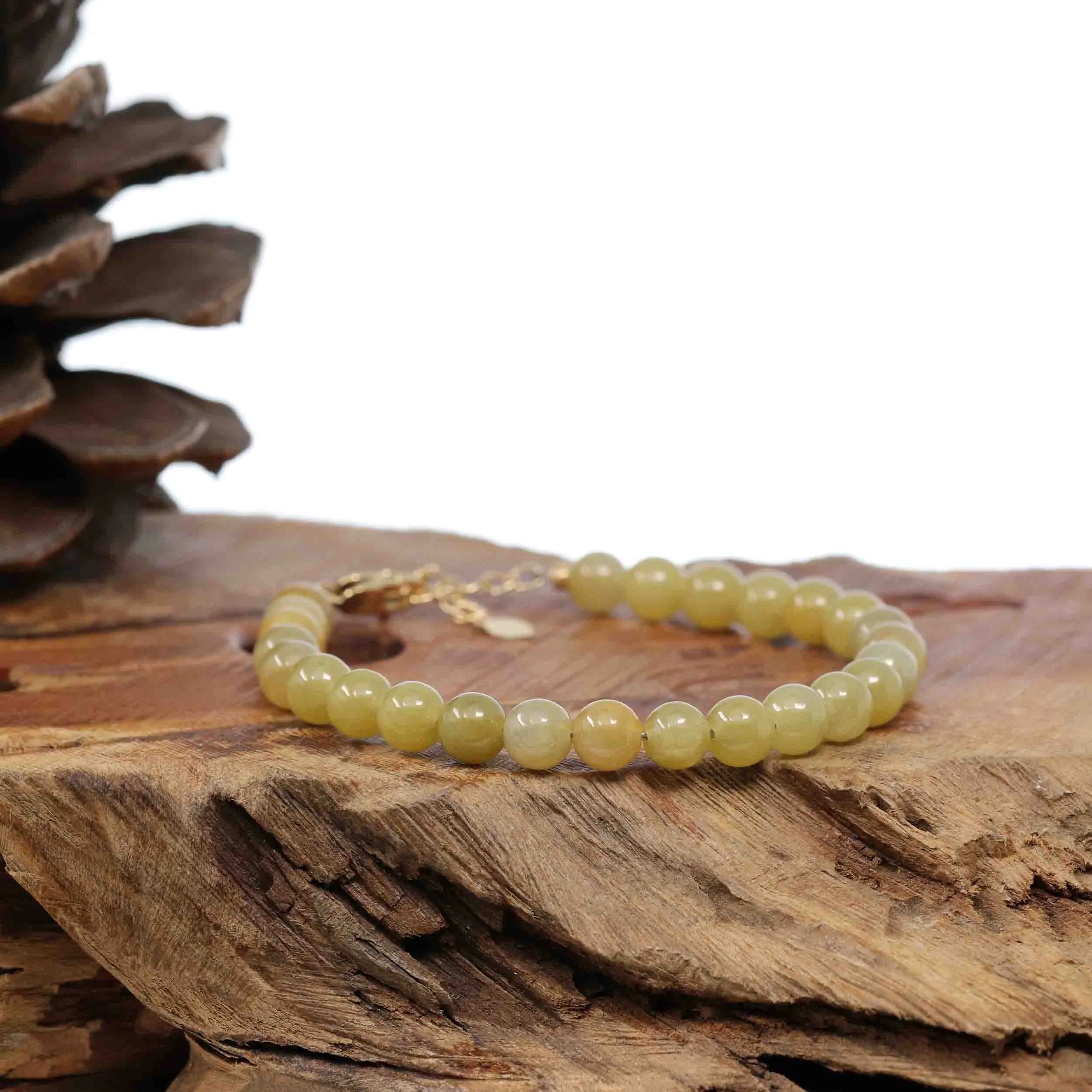 18k Yellow Gold Yellow Jadeite Jade Beads Bracelet (6.5 mm)