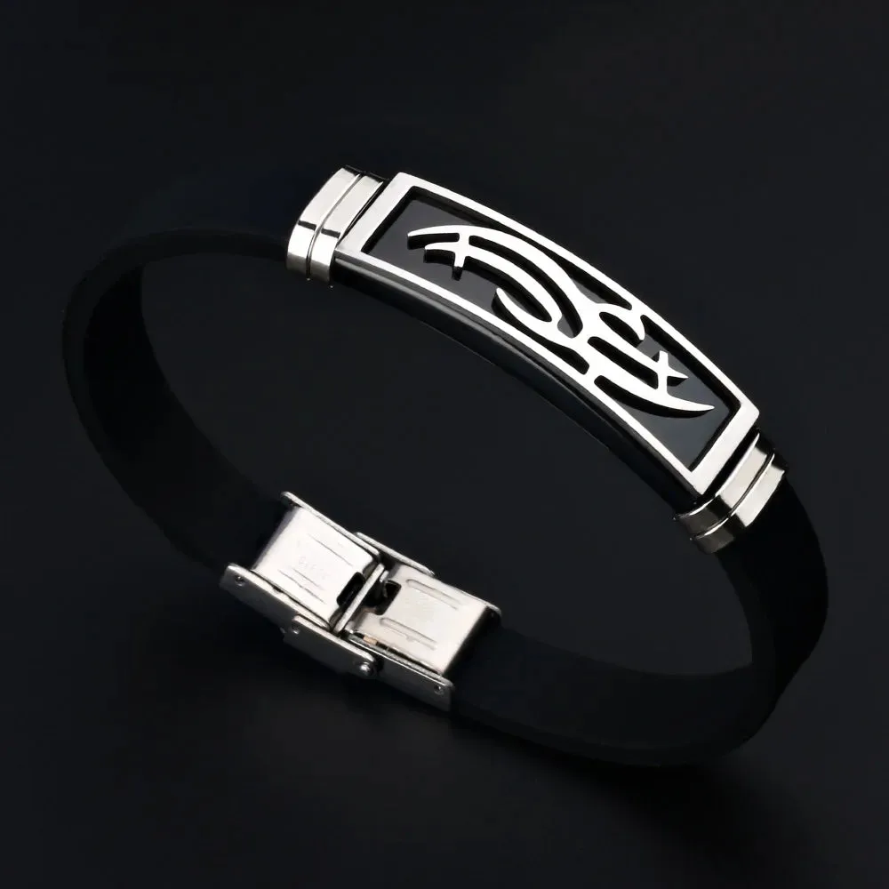 2024 Fashion Charm Jewelry Stainless Steel Flame Silicone Bracelet Men Vintage Titanium Steel Cuff Rubber Bracelet Pulsera