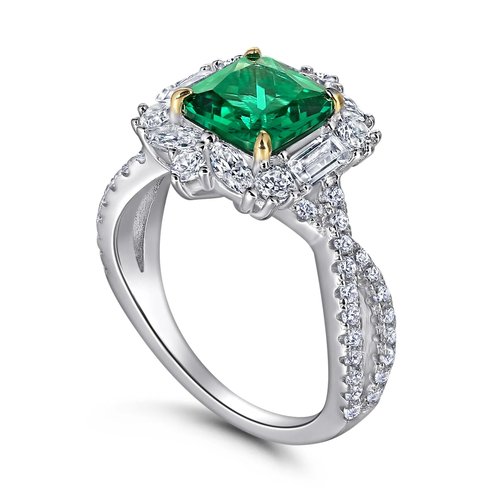 (2.0CT) Asscher Cut Green Zircon Split Shank Silver Ring for Women