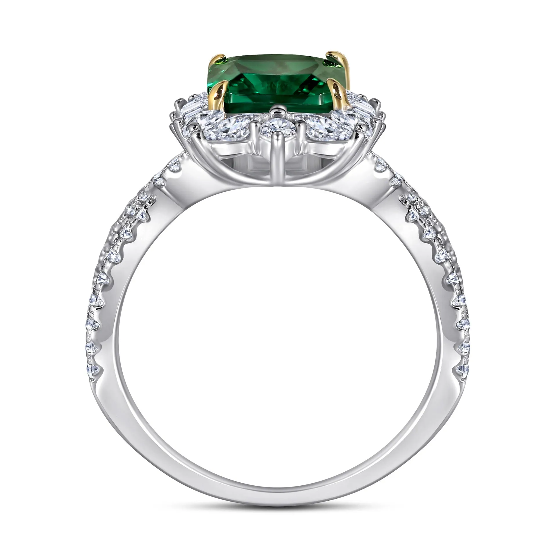 (2.0CT) Asscher Cut Green Zircon Split Shank Silver Ring for Women