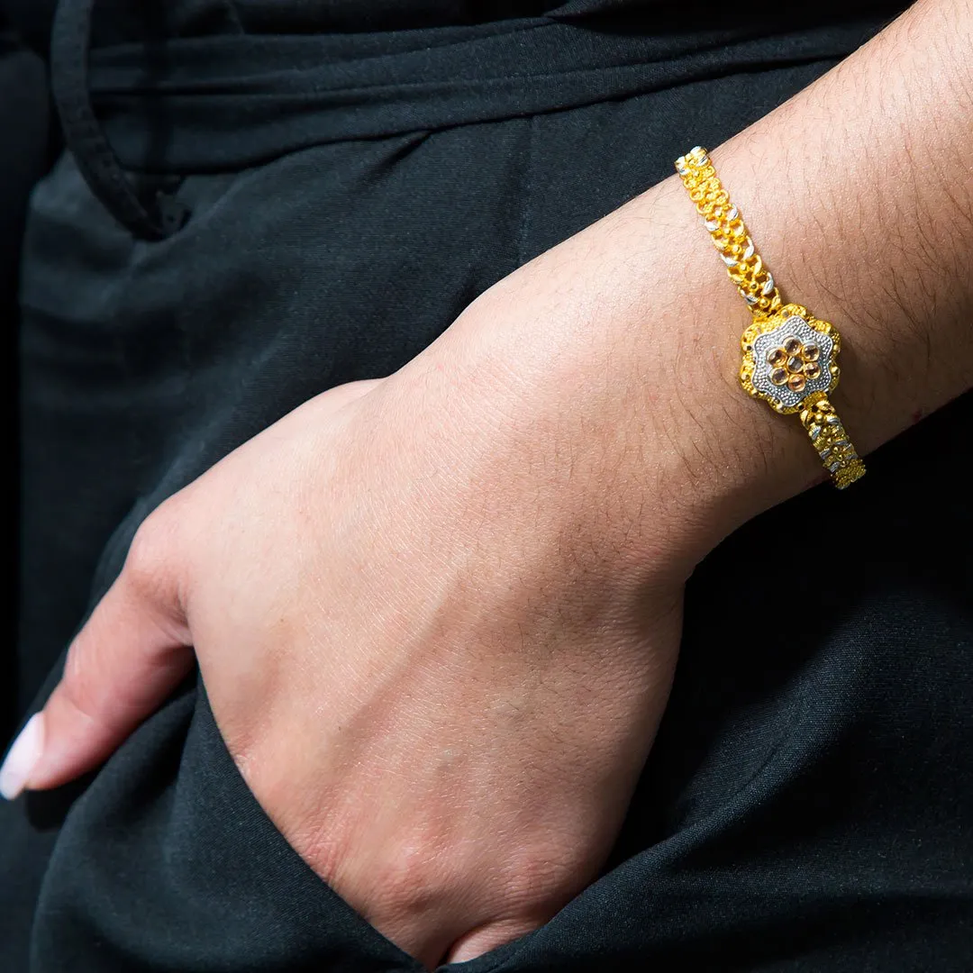 22K Multi Tone Gold Bracelet W/ Leaf Link & Faceted Double Flower Pendant