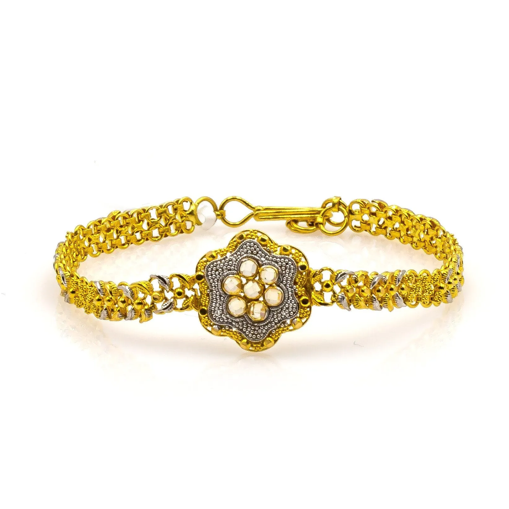 22K Multi Tone Gold Bracelet W/ Leaf Link & Faceted Double Flower Pendant