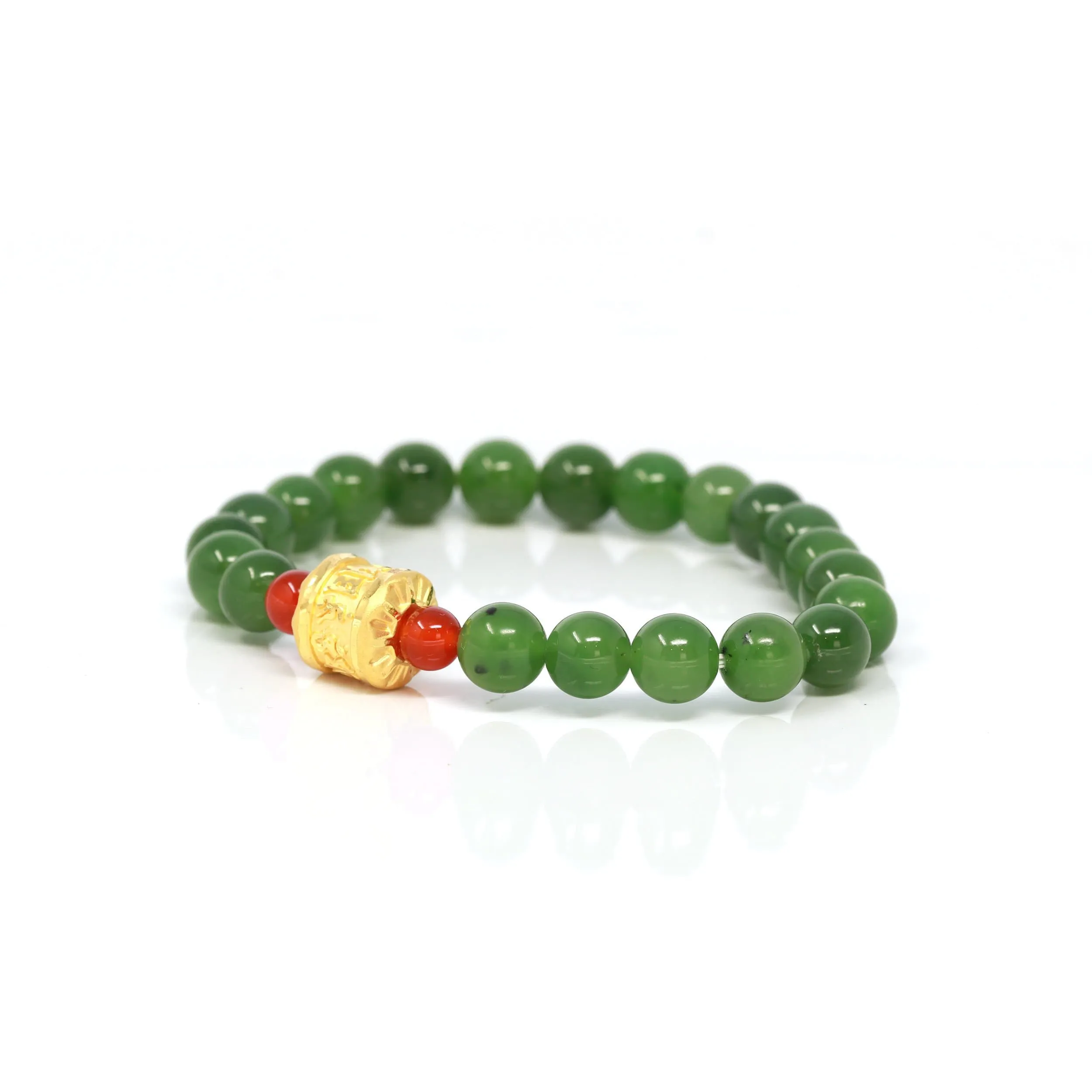 24K Pure Yellow Gold Buddha Symbol Tongtong With Genuine Green Jade Round Beads Bracelet Bangle ( 8 mm )