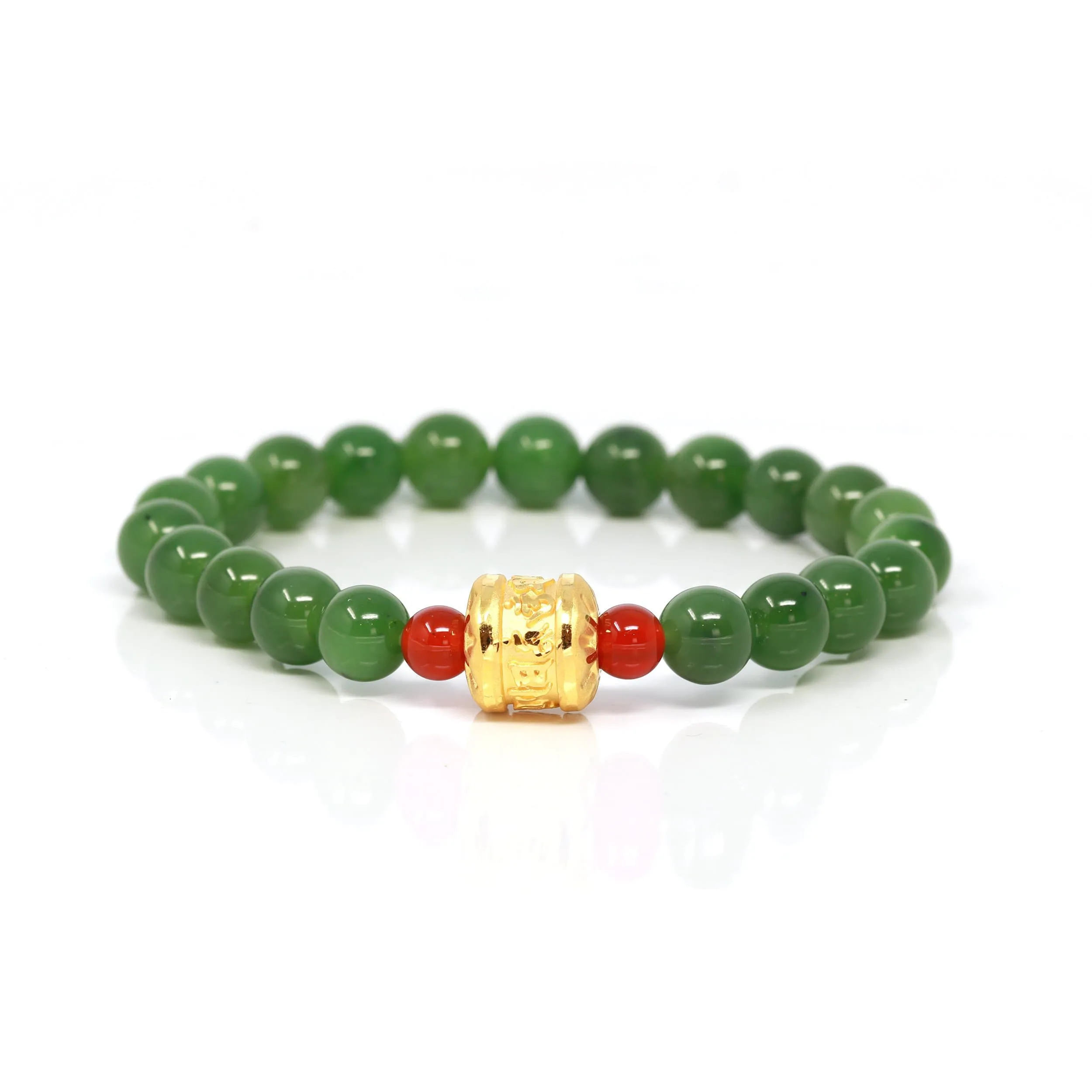 24K Pure Yellow Gold Buddha Symbol Tongtong With Genuine Green Jade Round Beads Bracelet Bangle ( 8 mm )