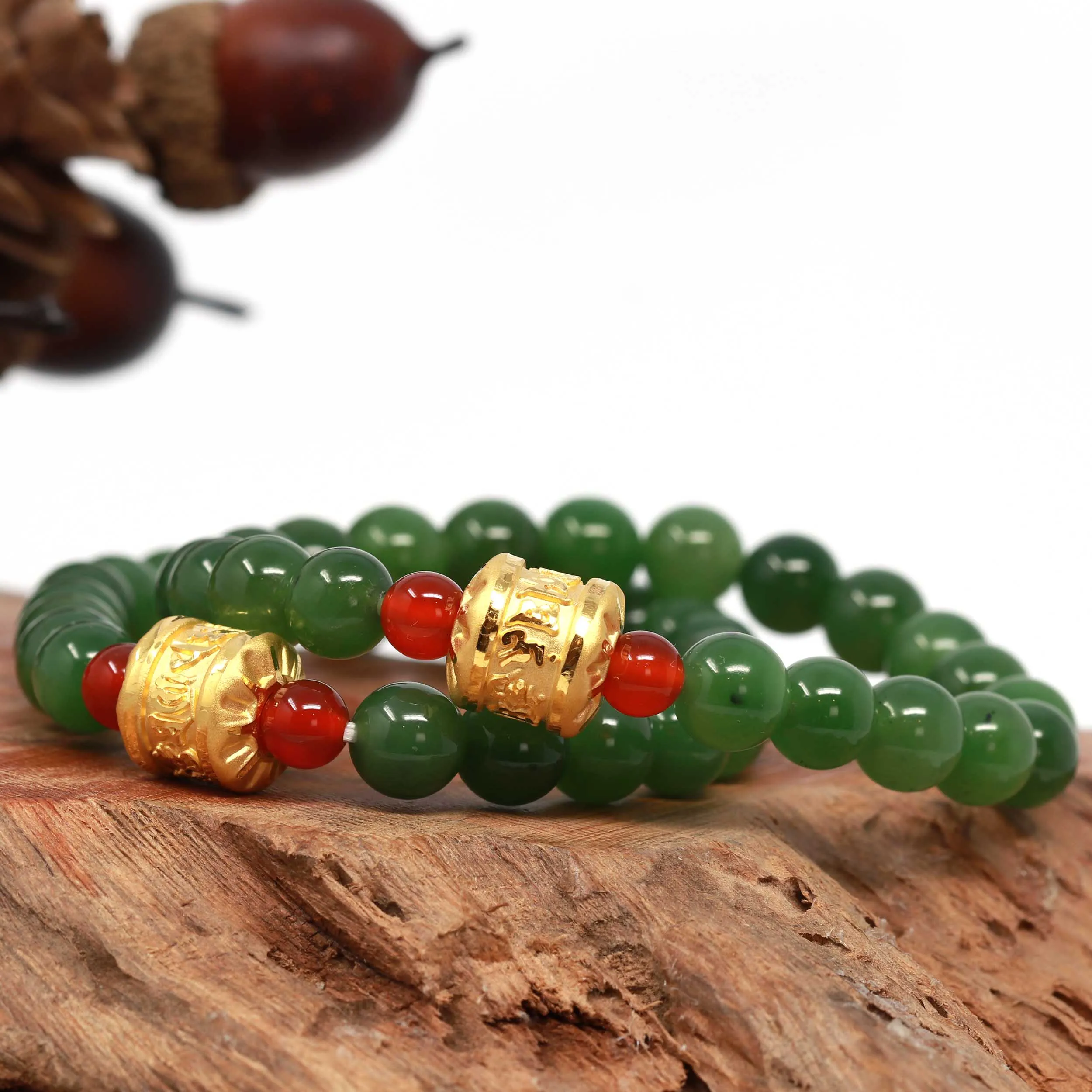 24K Pure Yellow Gold Buddha Symbol Tongtong With Genuine Green Jade Round Beads Bracelet Bangle ( 8 mm )