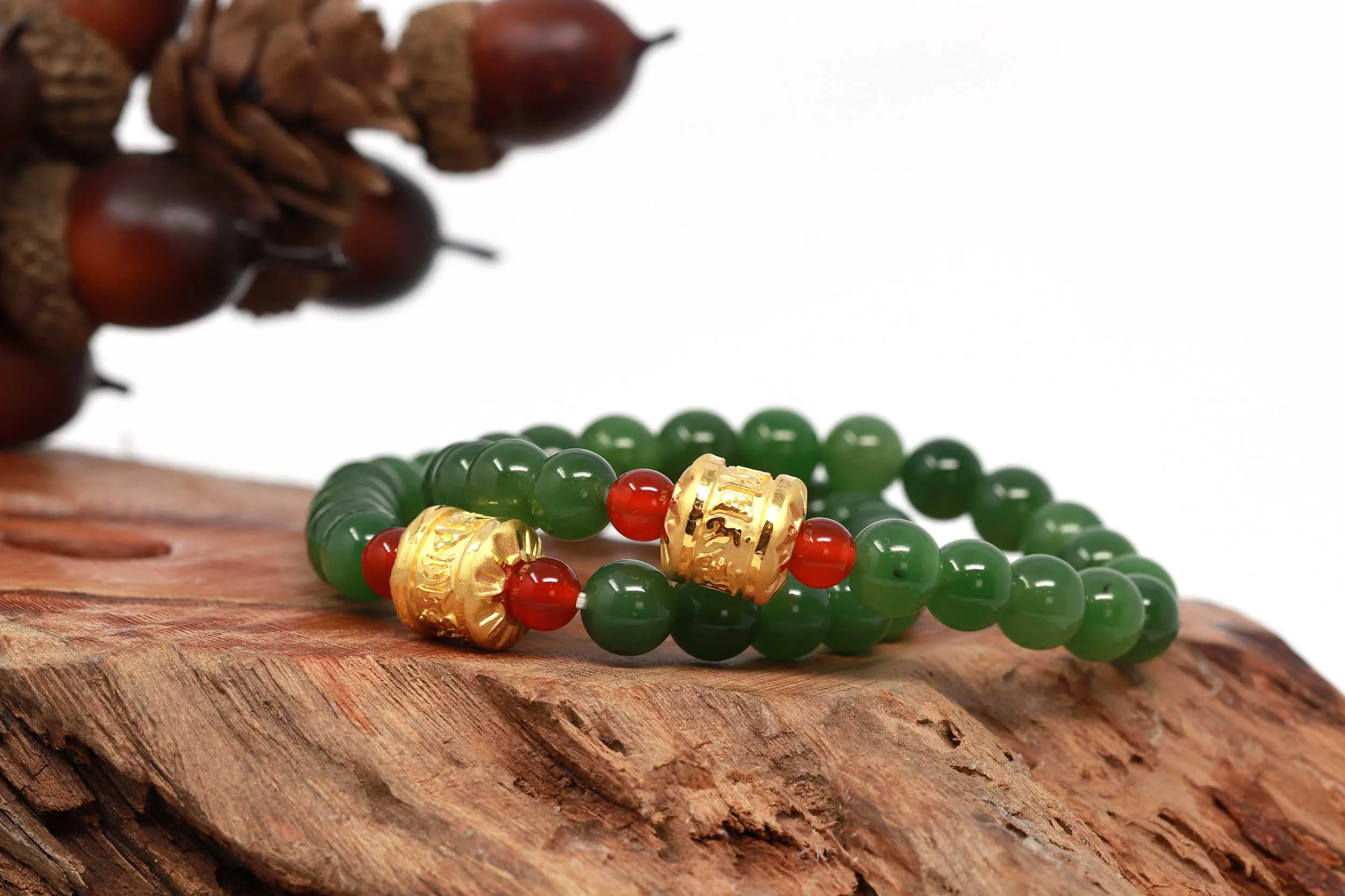 24K Pure Yellow Gold Buddha Symbol Tongtong With Genuine Green Jade Round Beads Bracelet Bangle ( 8 mm )