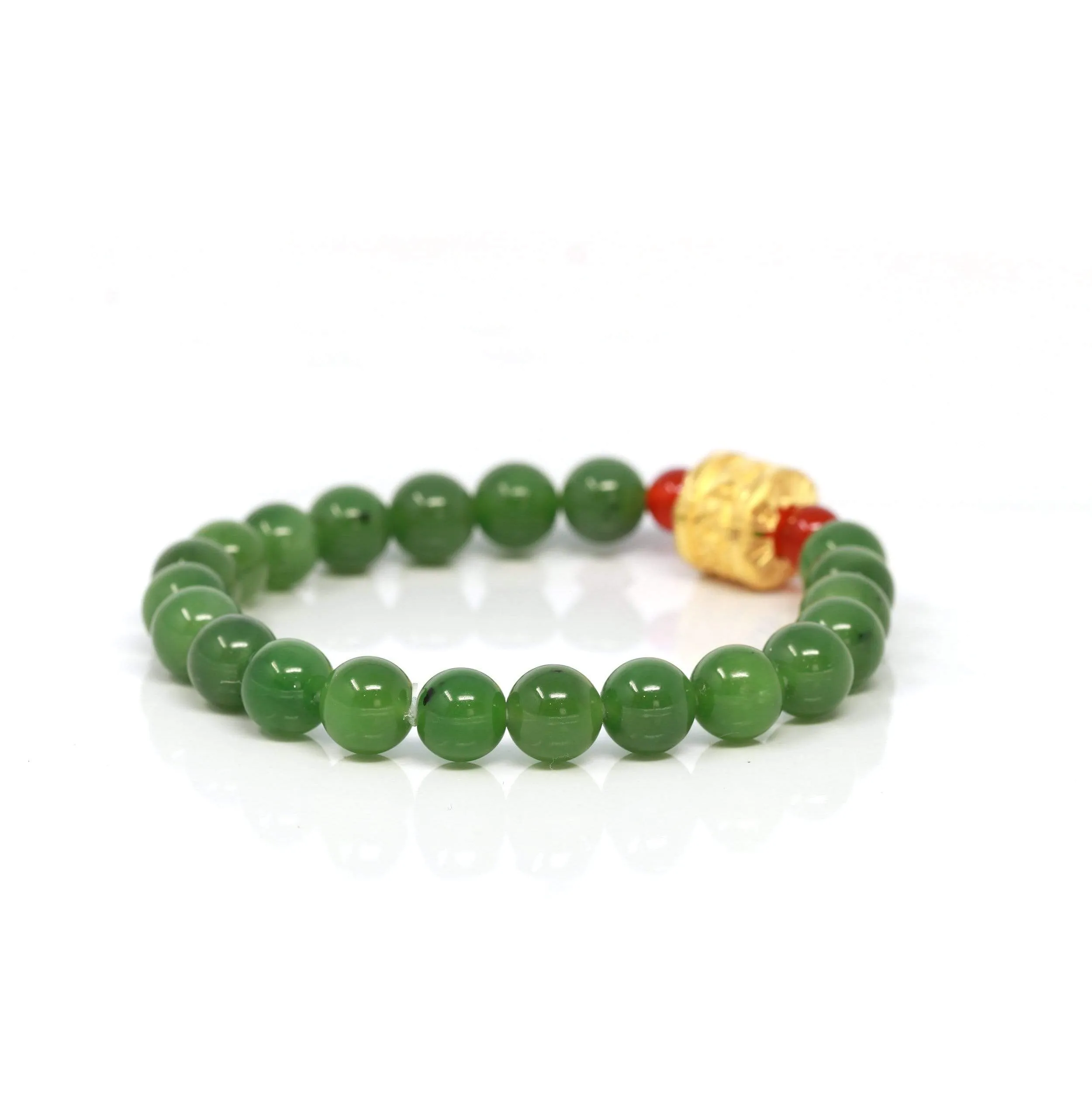 24K Pure Yellow Gold Buddha Symbol Tongtong With Genuine Green Jade Round Beads Bracelet Bangle ( 8 mm )