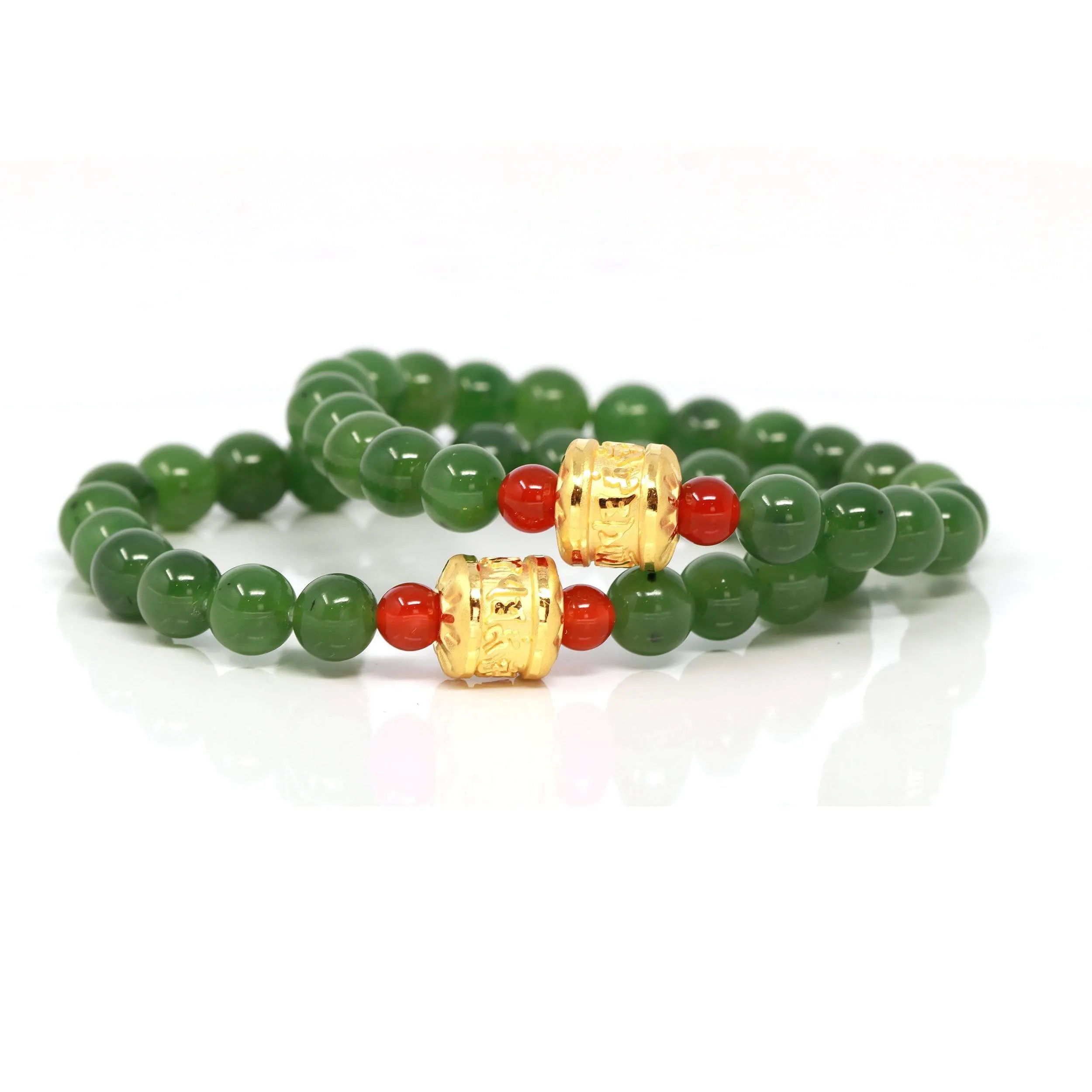 24K Pure Yellow Gold Buddha Symbol Tongtong With Genuine Green Jade Round Beads Bracelet Bangle ( 8 mm )