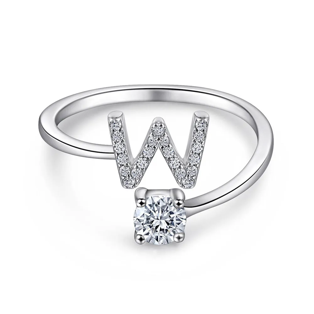 26 Letters with Round Zircon Silver Ring for Women