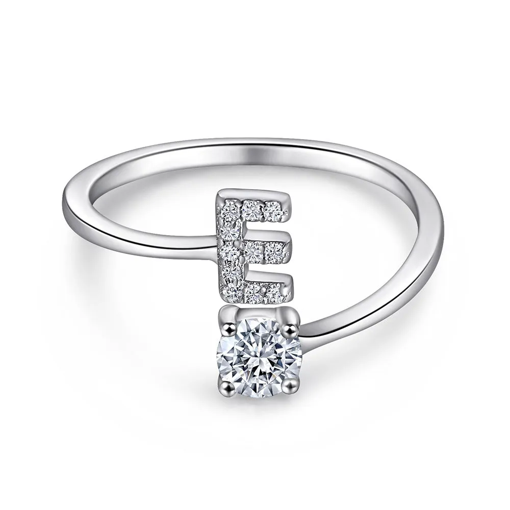 26 Letters with Round Zircon Silver Ring for Women