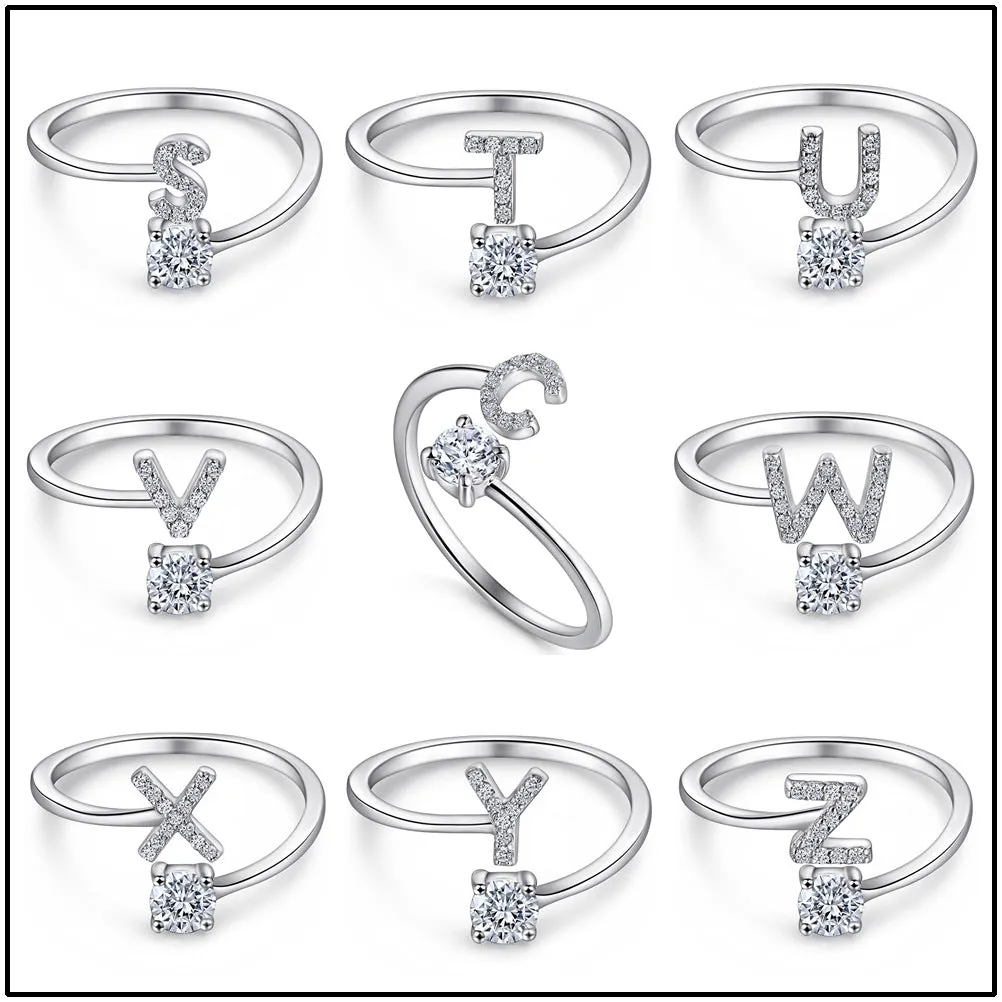 26 Letters with Round Zircon Silver Ring for Women