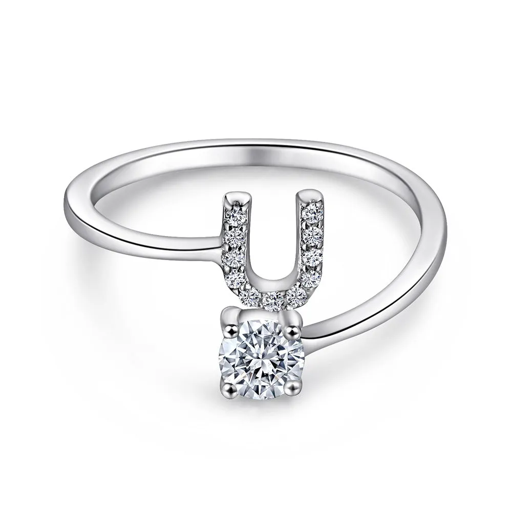 26 Letters with Round Zircon Silver Ring for Women