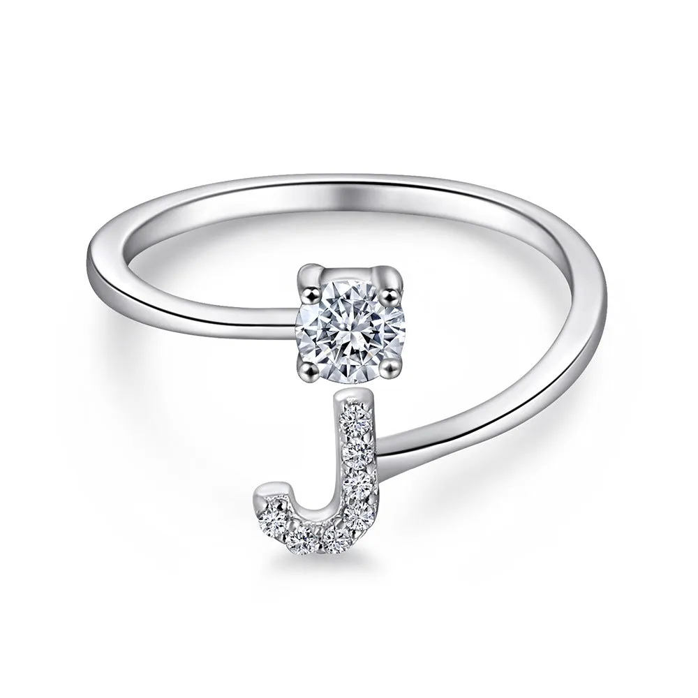 26 Letters with Round Zircon Silver Ring for Women