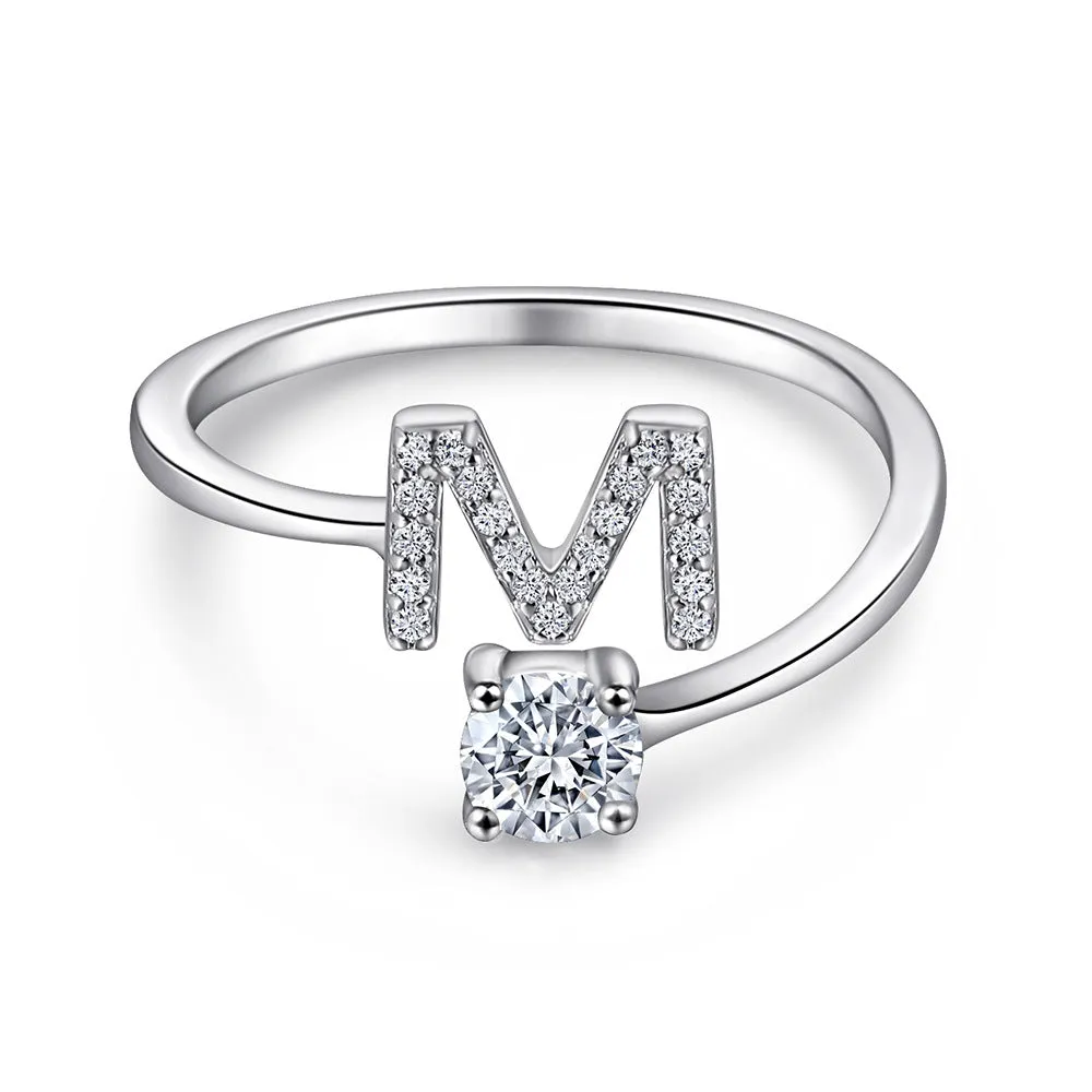 26 Letters with Round Zircon Silver Ring for Women