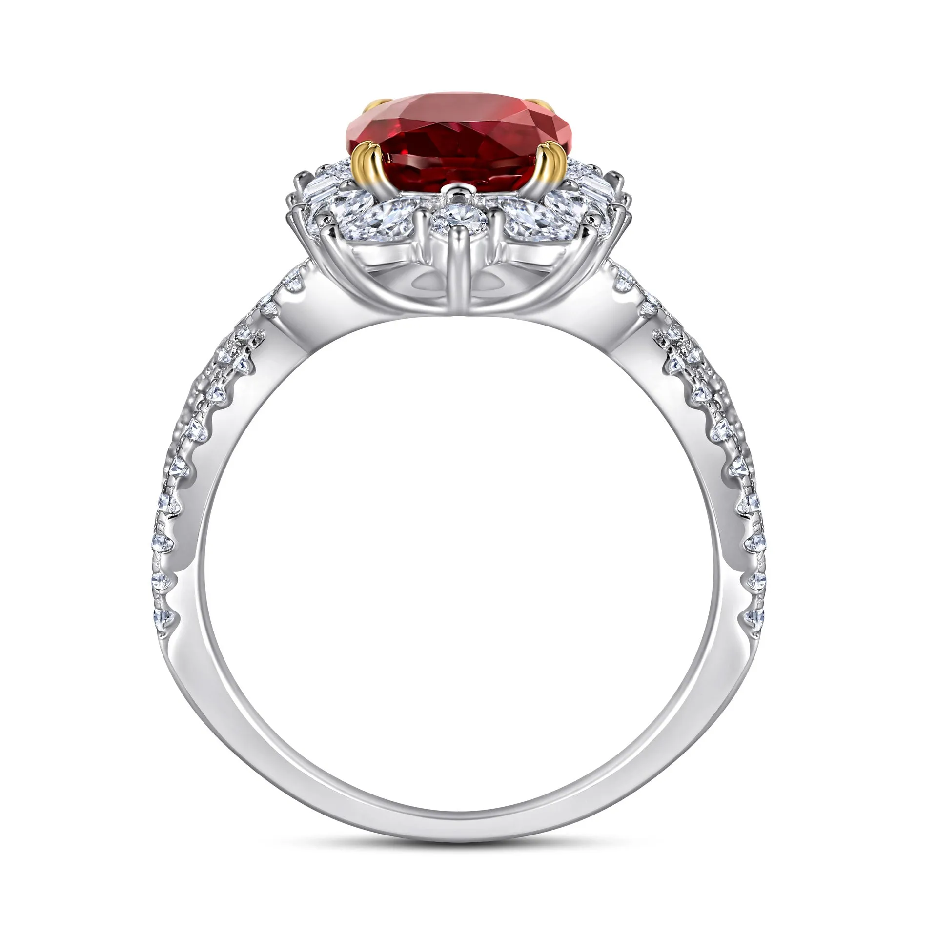 (2CT) Ice Cut Oval Red Zircon Modern Split Shank Silver Ring for Women