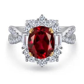 (2CT) Ice Cut Oval Red Zircon Modern Split Shank Silver Ring for Women