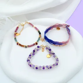 3 Piece Stacked Amethyst Aquamarine Hand woven wristbands Bracelet Set