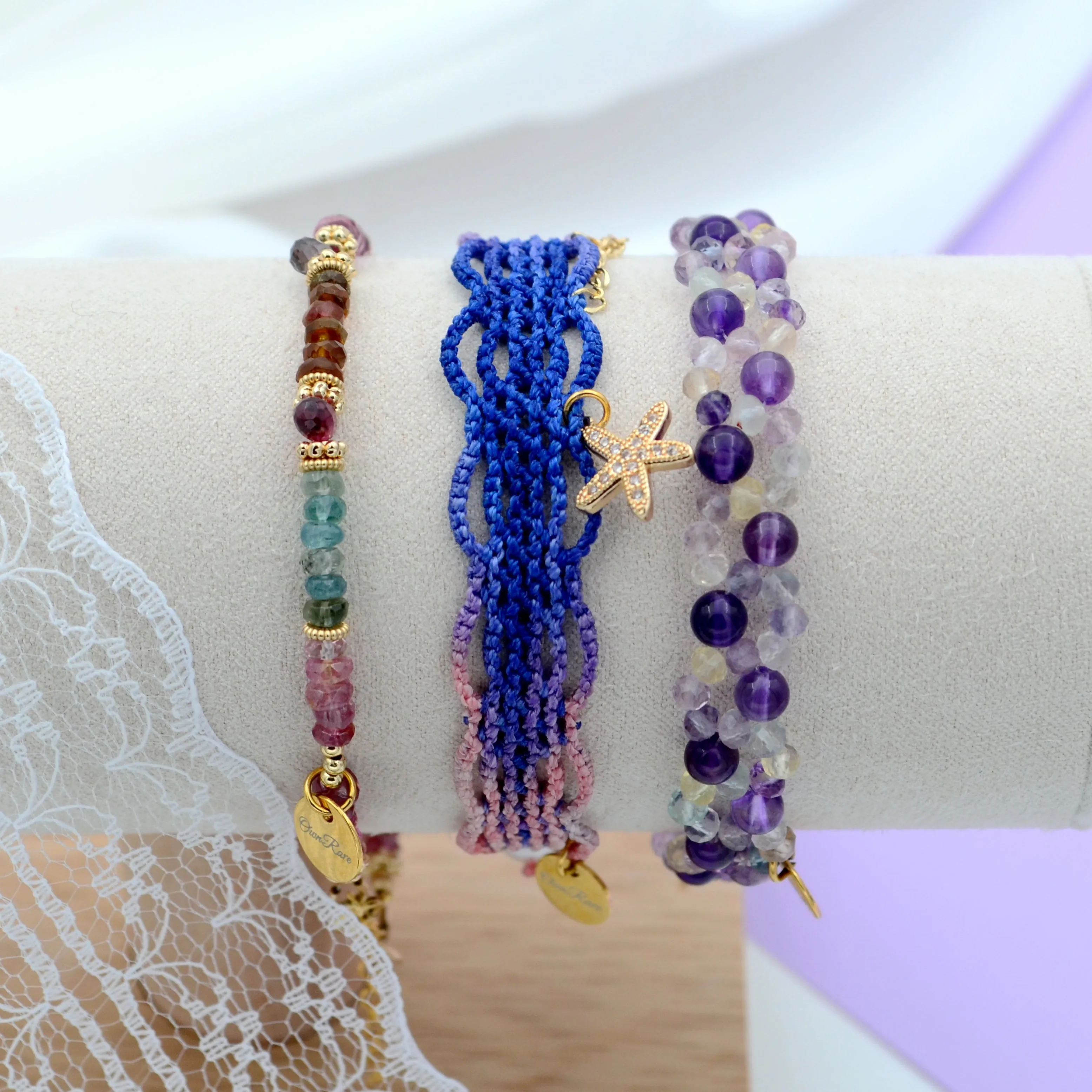 3 Piece Stacked Amethyst Aquamarine Hand woven wristbands Bracelet Set