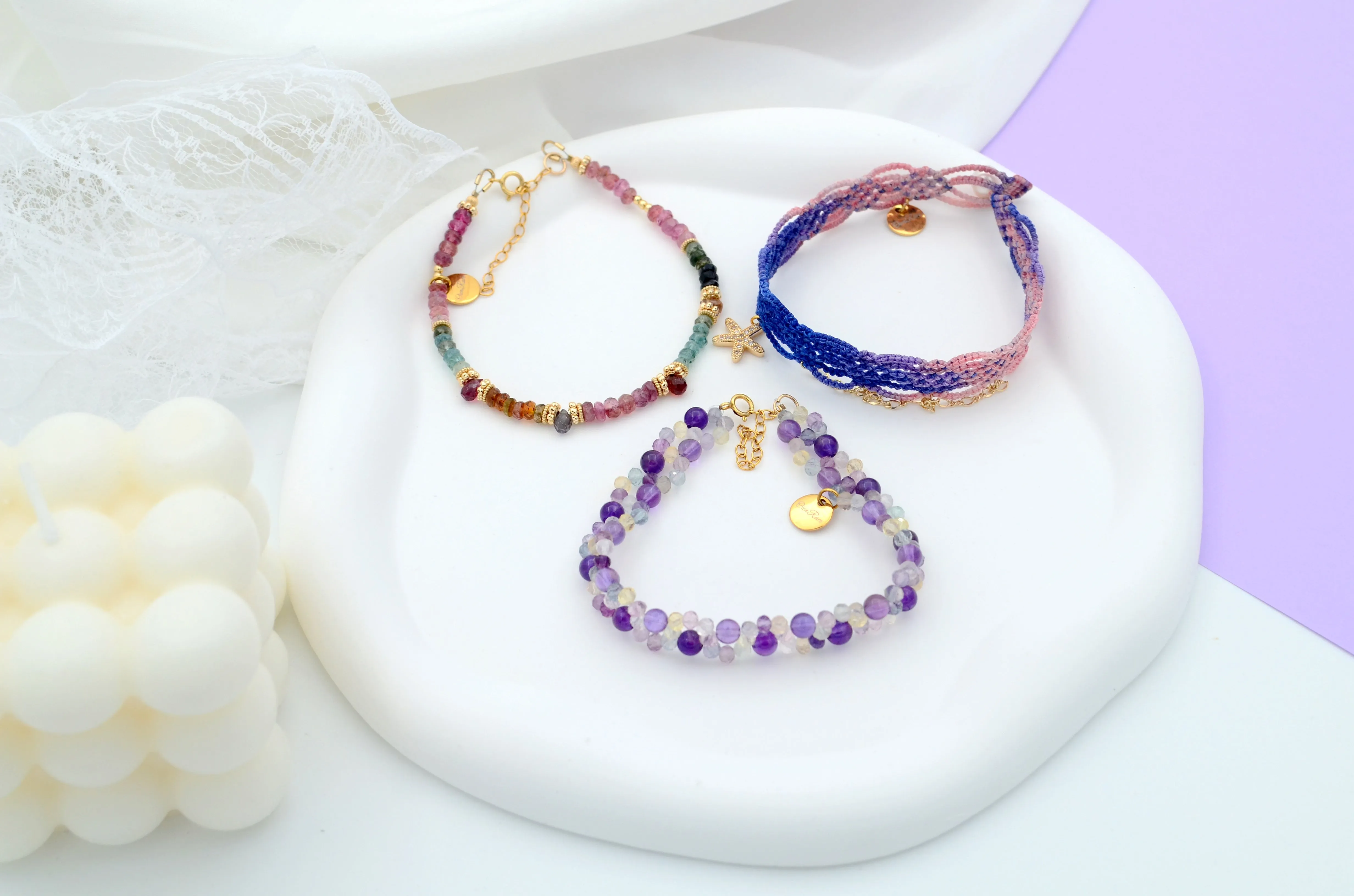 3 Piece Stacked Amethyst Aquamarine Hand woven wristbands Bracelet Set