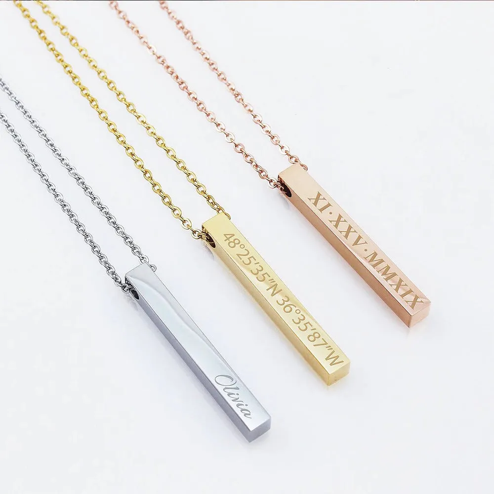 3D Bar Name Pendant Necklace Engraving Jewelry