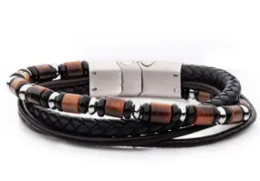 8-8.5'' Multi-Strand Bracelet, Brwn/Blk Leather and beads   w/ Blk Onyx & Tiger's Eye Stone