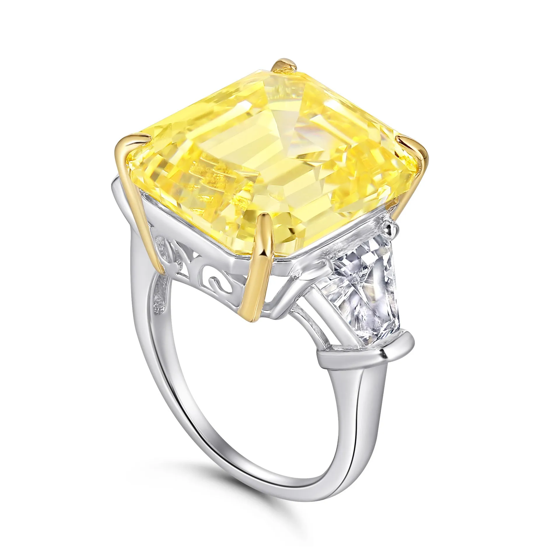 (8CT) Emerald Cut Yellow Zircon Cathedral Silver Ring for Women