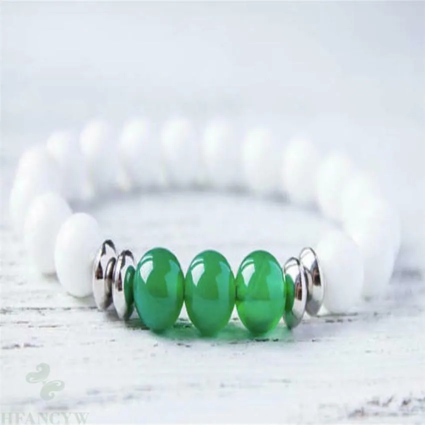 8mm Summer White and Green Natural Jade Round Bead Bracelet