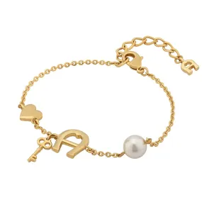 Aigner Bracelet Gold Plated Bon Voyage With Pearl & A Logo Charms