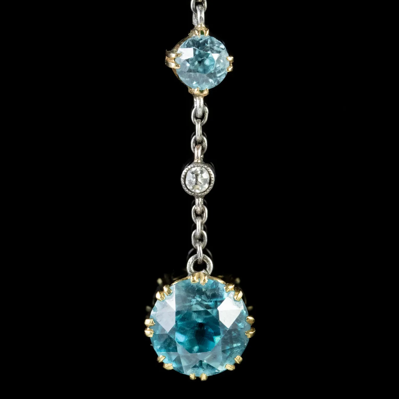 Antique Edwardian Blue Zircon Diamond Drop Earrings 18Ct Gold Circa 1910