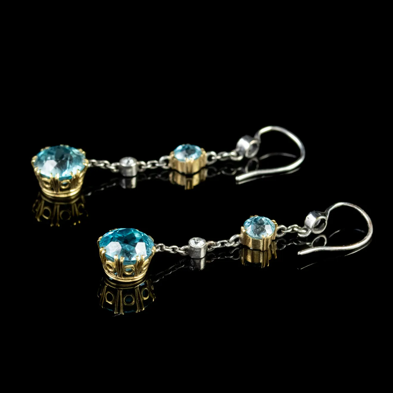 Antique Edwardian Blue Zircon Diamond Drop Earrings 18Ct Gold Circa 1910