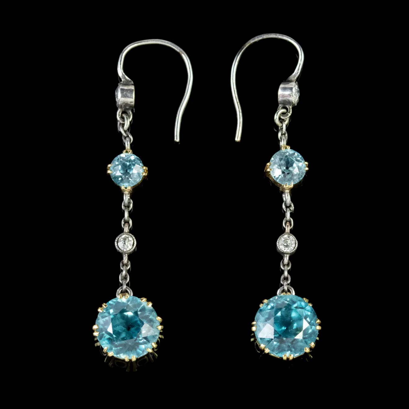 Antique Edwardian Blue Zircon Diamond Drop Earrings 18Ct Gold Circa 1910