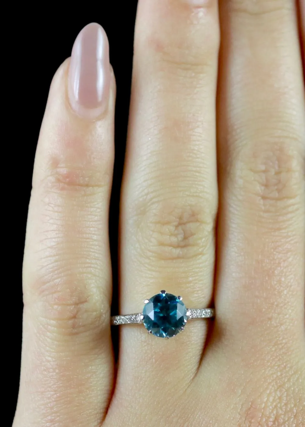 Antique Edwardian Blue Zircon Solitaire Ring 18Ct White Gold Circa 1915