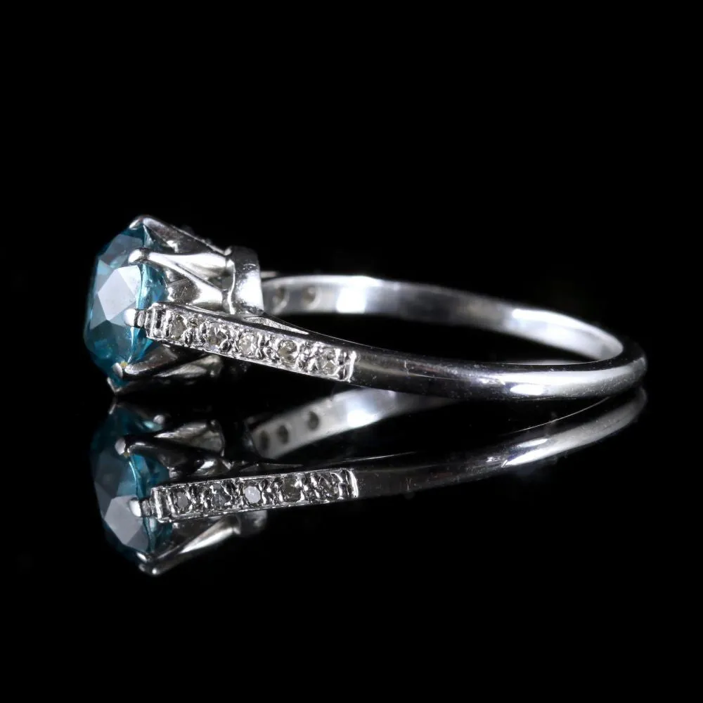 Antique Edwardian Blue Zircon Solitaire Ring 18Ct White Gold Circa 1915