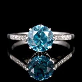 Antique Edwardian Blue Zircon Solitaire Ring 18Ct White Gold Circa 1915