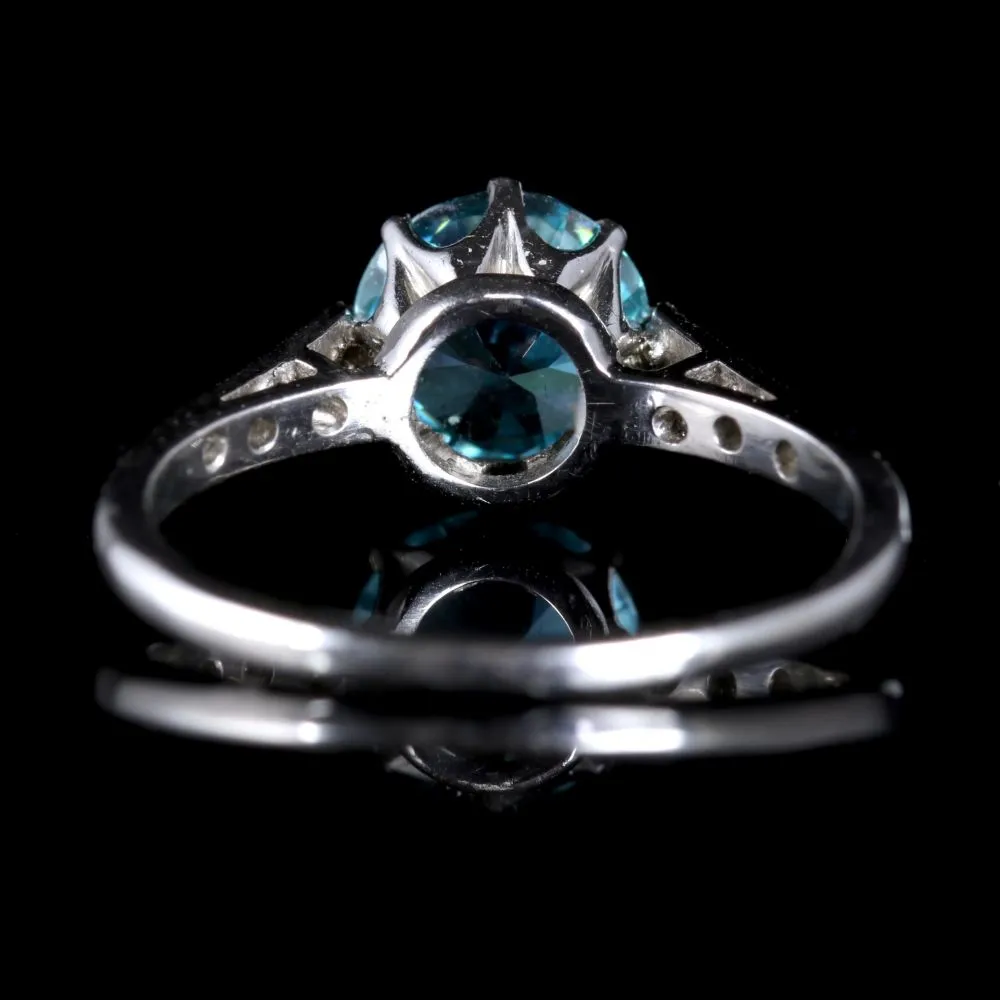 Antique Edwardian Blue Zircon Solitaire Ring 18Ct White Gold Circa 1915