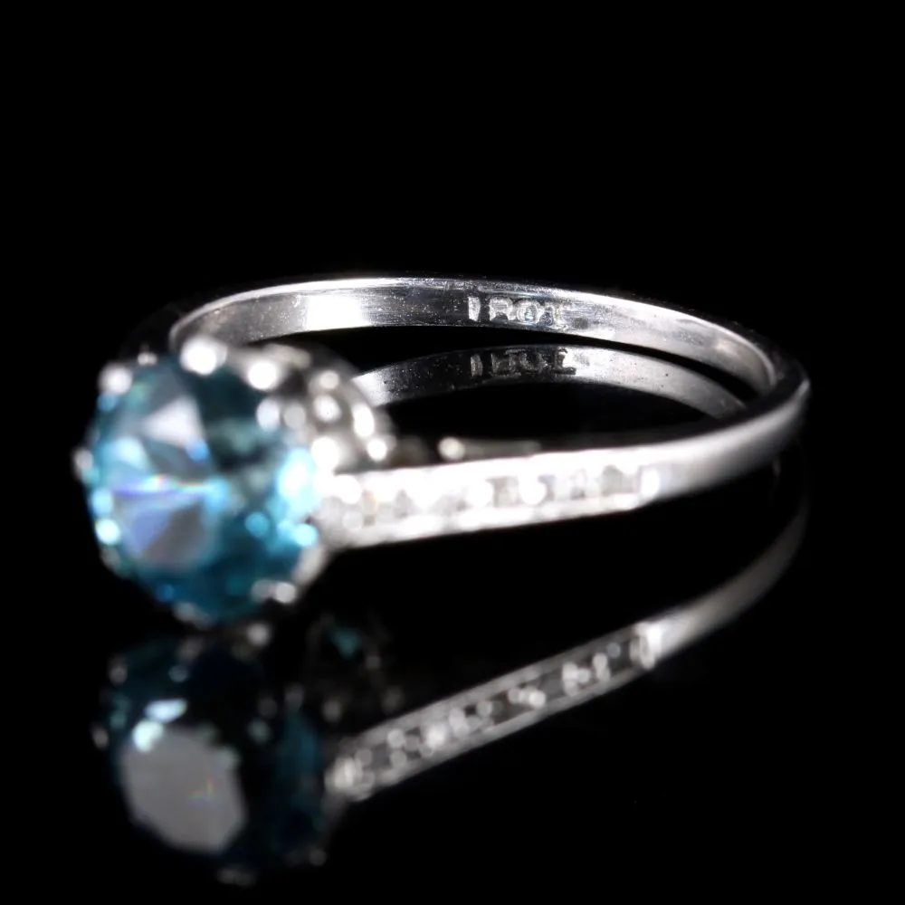 Antique Edwardian Blue Zircon Solitaire Ring 18Ct White Gold Circa 1915