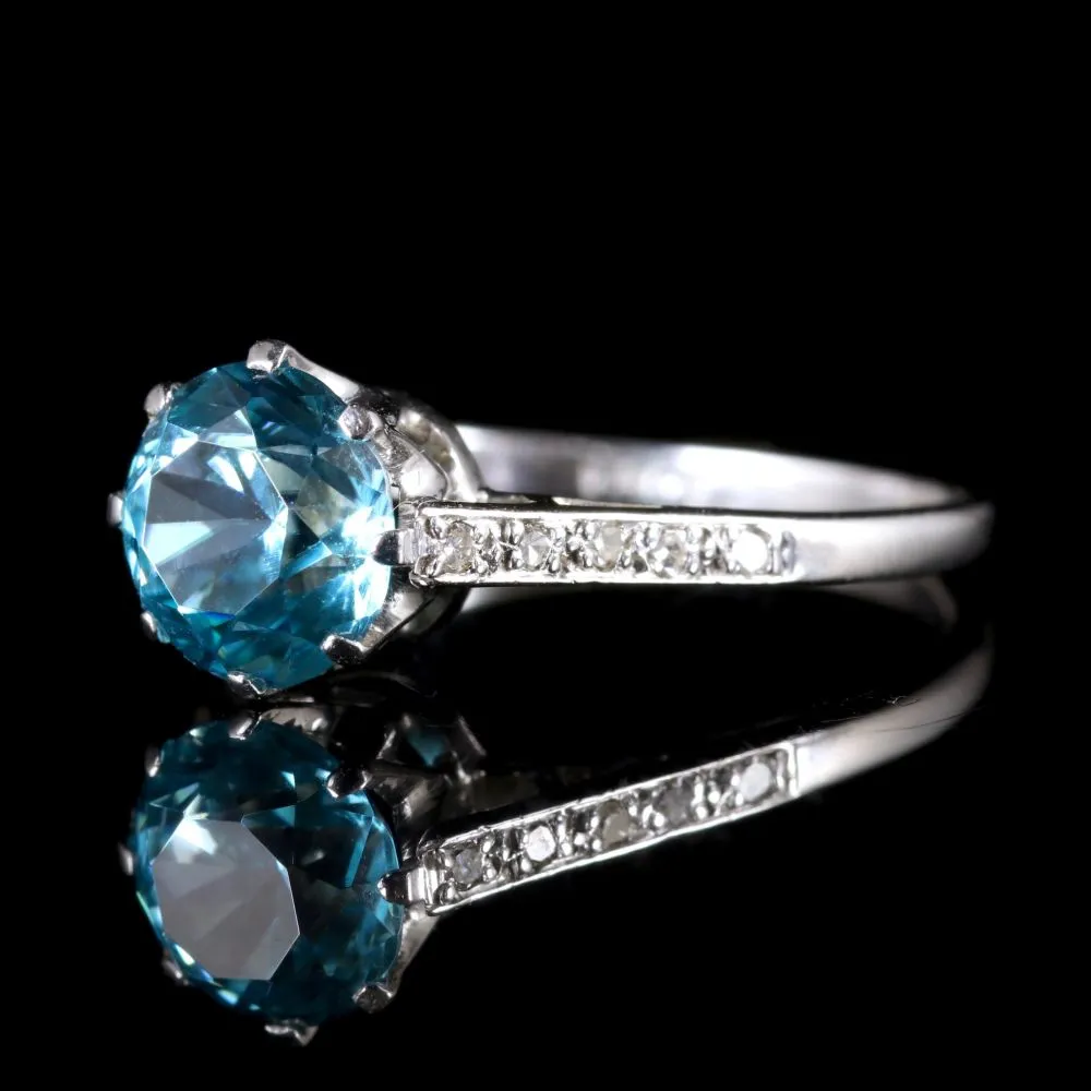 Antique Edwardian Blue Zircon Solitaire Ring 18Ct White Gold Circa 1915