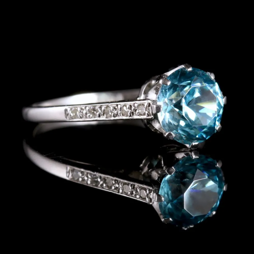 Antique Edwardian Blue Zircon Solitaire Ring 18Ct White Gold Circa 1915