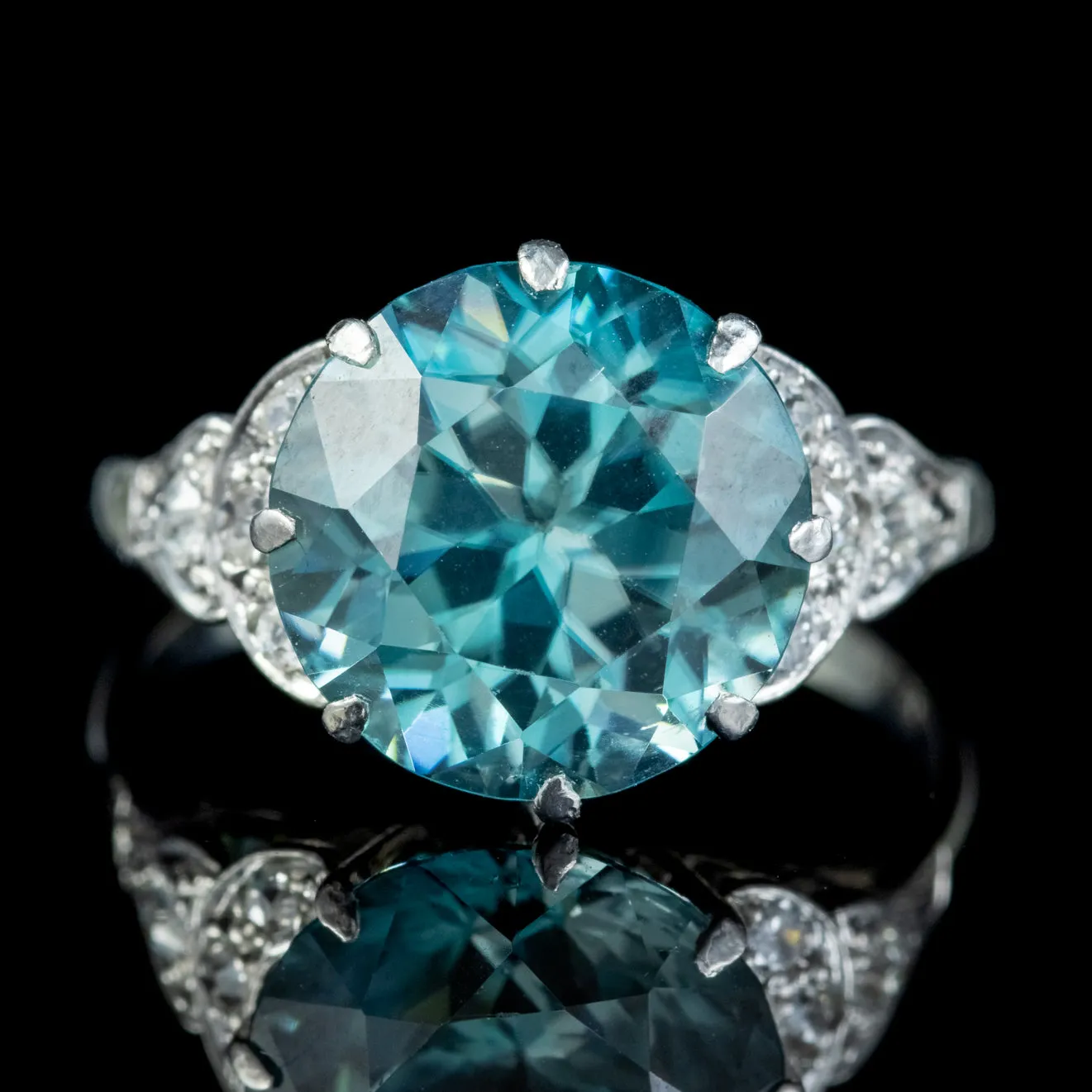 Antique French Blue Zircon Diamond Ring Platinum 18Ct Gold 6.80Ct Zircon Circa 1920