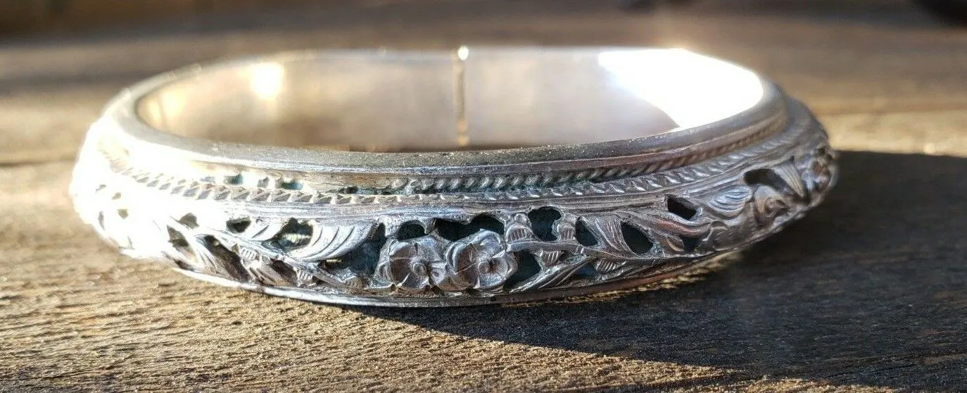 Antique Ornate Chinese Floral Sterling Silver Bangle Bracelet