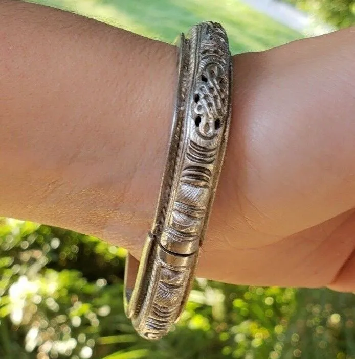 Antique Ornate Chinese Floral Sterling Silver Bangle Bracelet