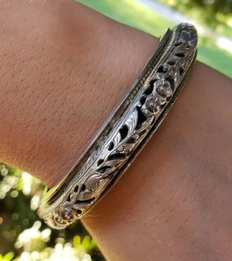 Antique Ornate Chinese Floral Sterling Silver Bangle Bracelet